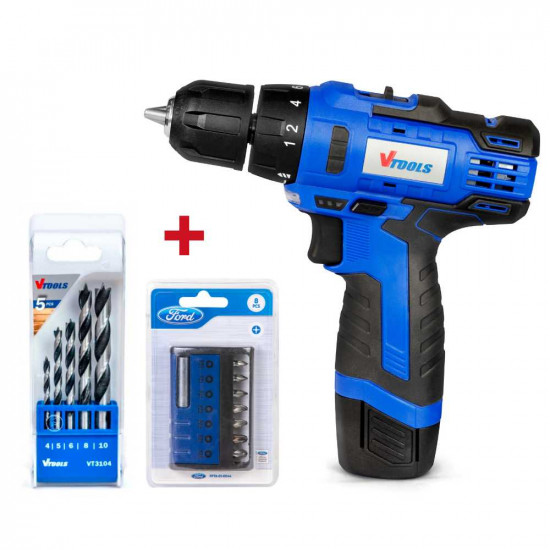 VTOOLS High Efficiency 12V Cordless Drill Driver With 5pcs Drill Bit